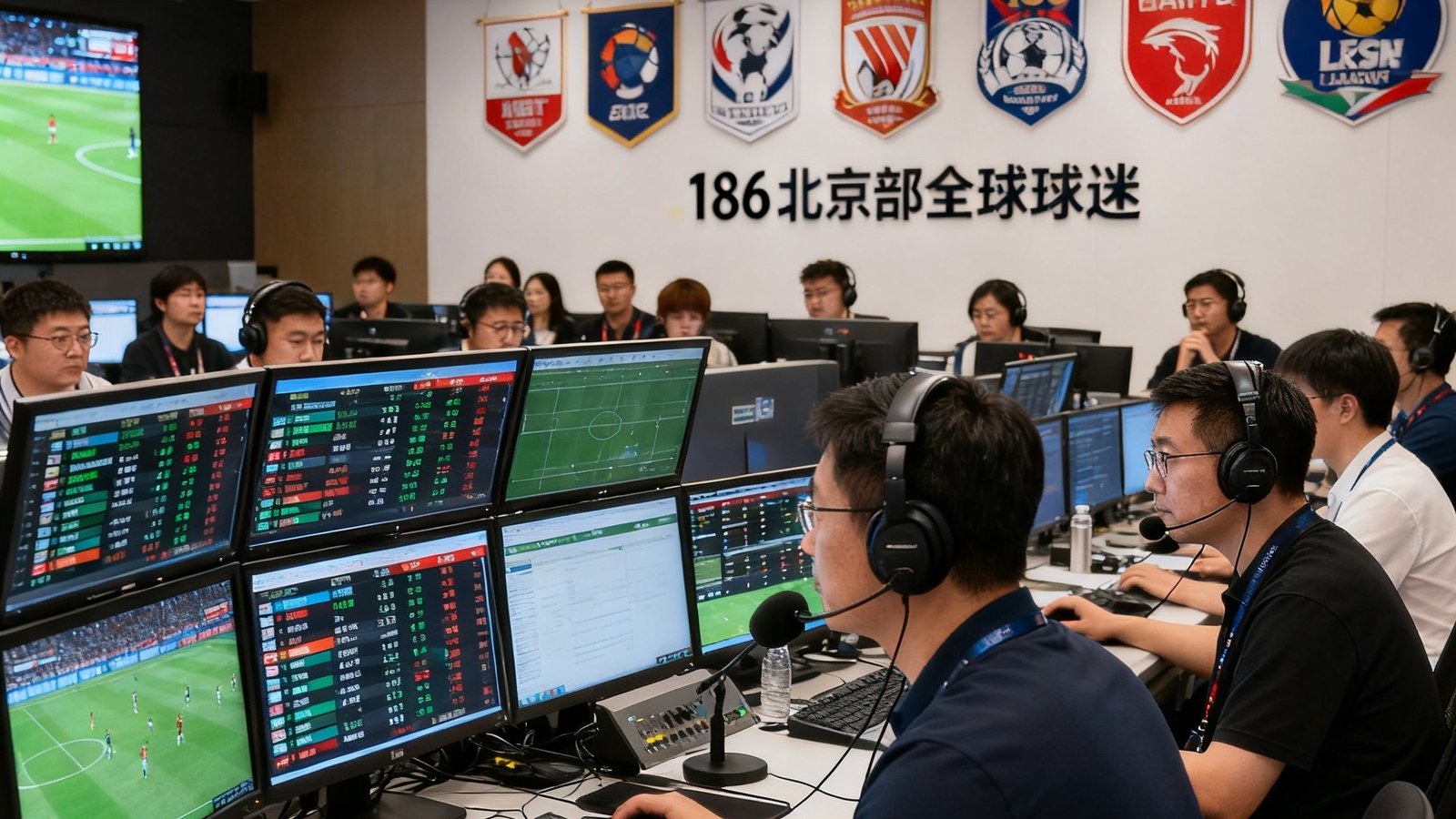 看球直播北京总部的专业解说团队在工作室内通过多屏幕分析赛事数据，背景墙上悬挂着各联赛官方合作标识，团队共186人专注服务于全球球迷。